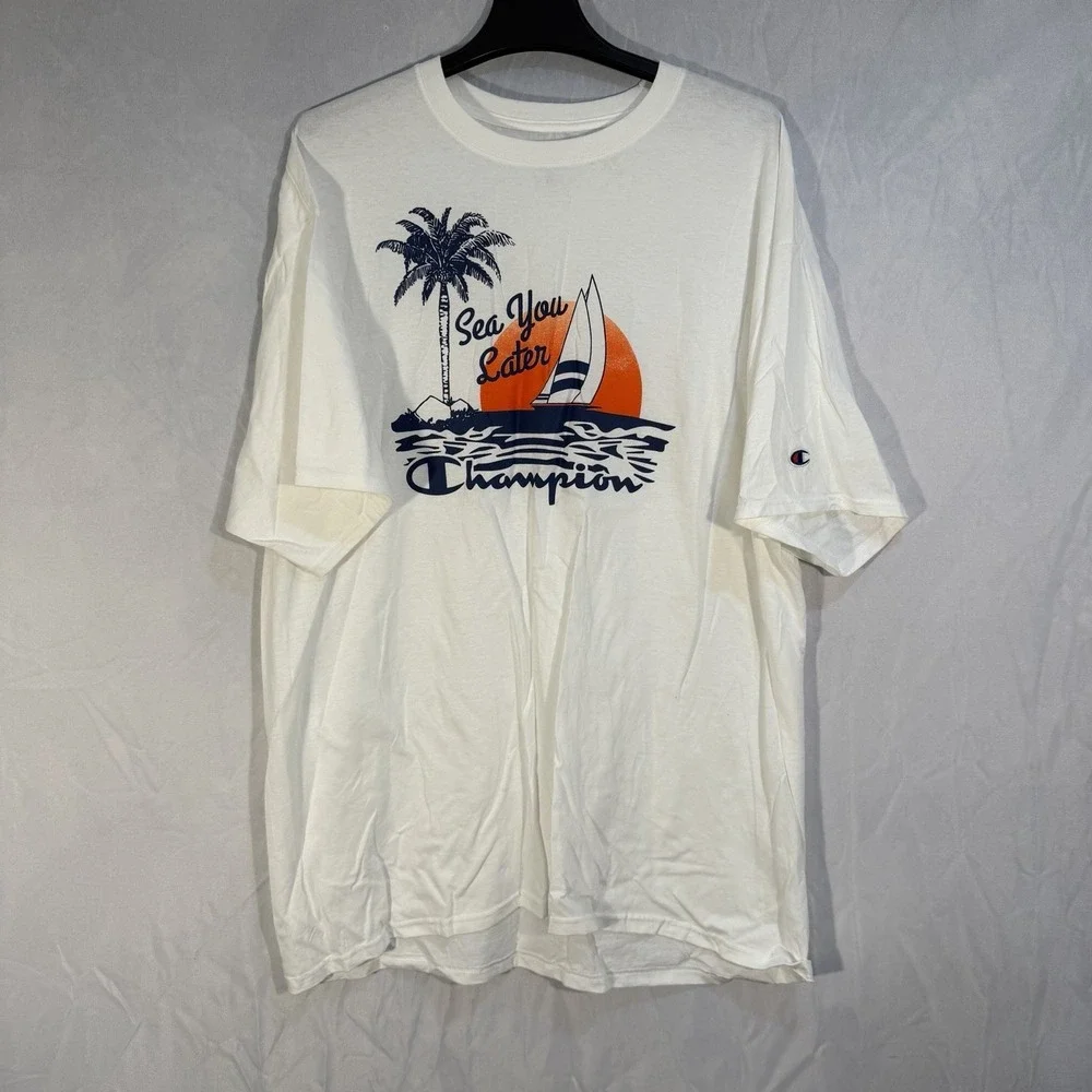 Champion Men's Crewneck T-shirt White With Summer Vibes Vacation Print 2XL White - Picture 2 of 8
